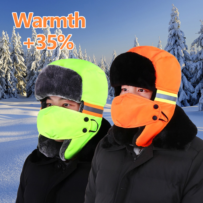 Winter Trapper Hat - หมวกกันหนาวแบบมีที่ปิดหู สีส้มและสีเขียวสะท้อนแสง สำหรับงานกลางแจ้ง ล่าสัตว์ เล่นสกี