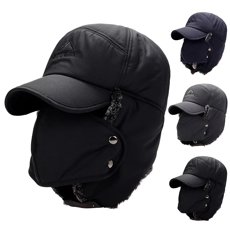 Winter Trapper Hat - หมวกกันหนาวขนเฟอร์กันลมสำหรับผู้ชายและผู้หญิง หมวกเล่ยเฟิง หมวกบอมเบอร์ ขนเฟอร์เทียม ปิดหู หมวกสีดำ
