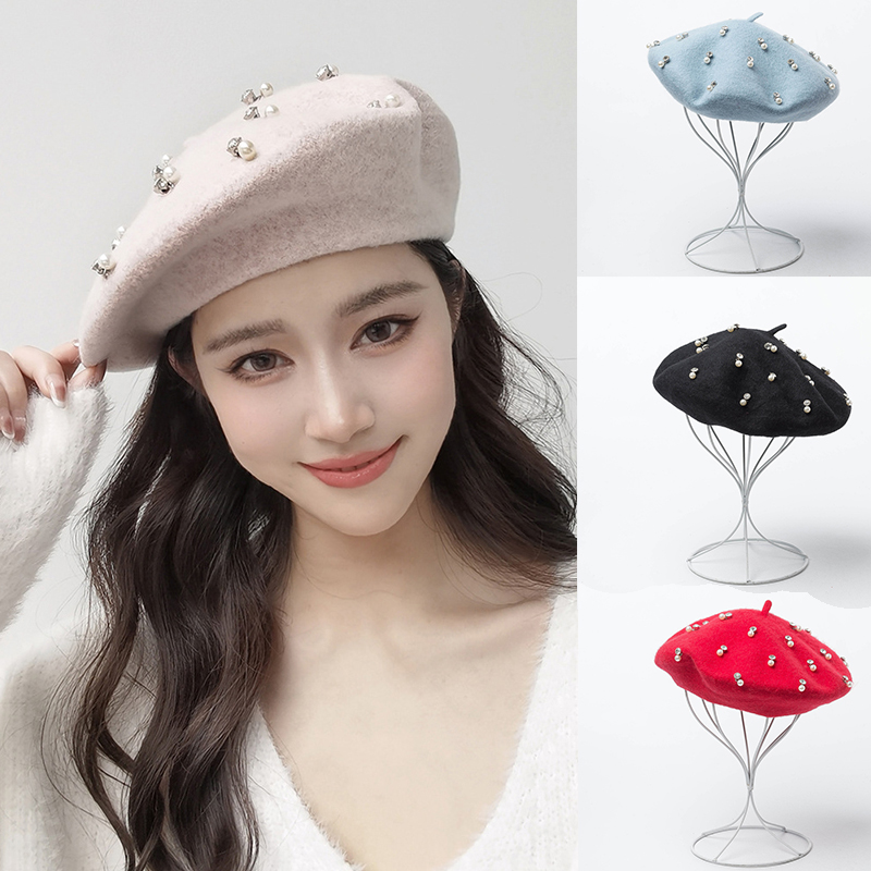 Beret French Wool - หมวกเบเร่ต์ขนสัตว์แฟชั่นฤดูหนาว ประดับมุก ดีไซน์หรูหรา สำหรับผู้หญิง สไตล์ฝรั่งเศส สีพื้น