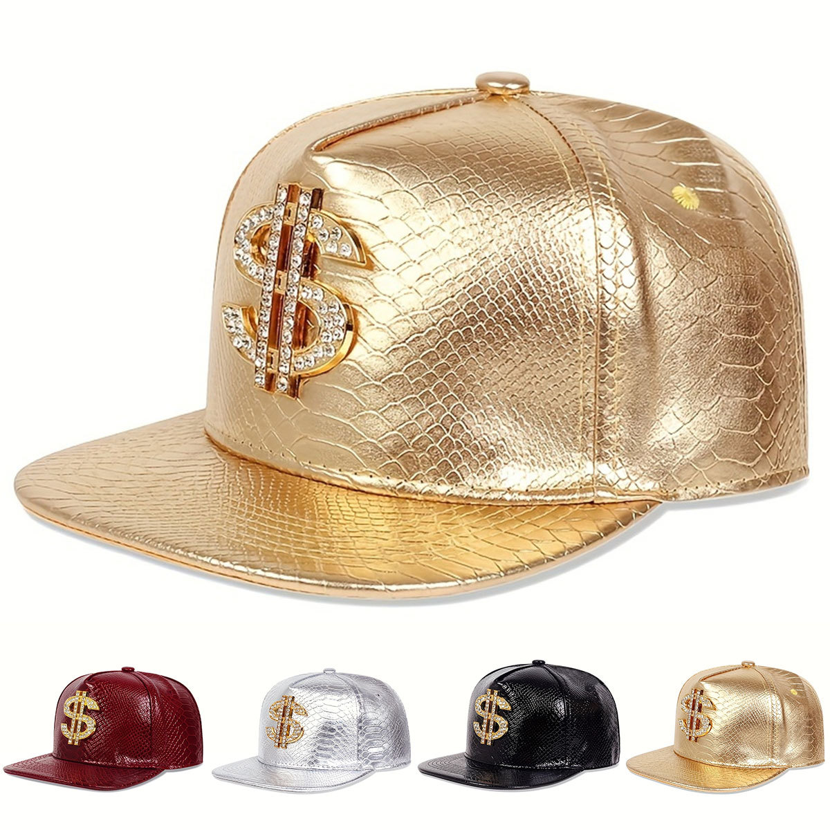 Snapback Hat Flat - หนังลายโลหะ หมวกเบสบอล ผู้ชาย ผู้หญิง ปรับได้ สแนปแบ็ค