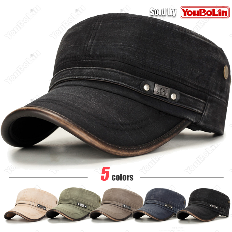 Dad Hat Cotton - หนัง Brim ล้าง Distressed ผ้าฝ้ายปรับทหารโรงเรียนแบนหมวก Sun