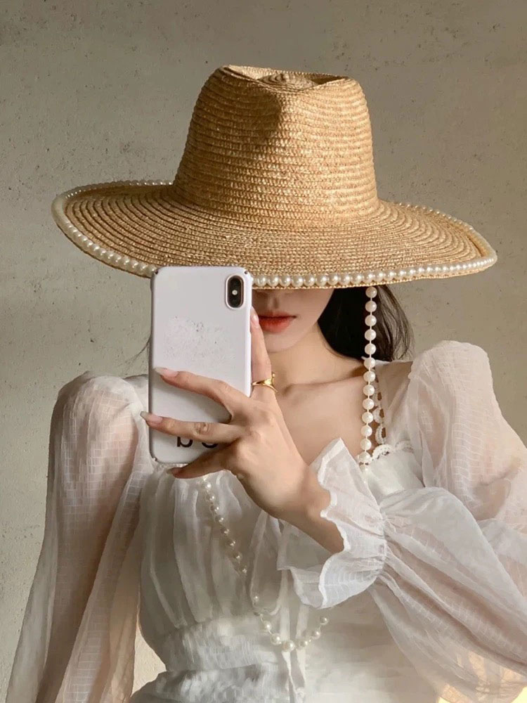 แฟชั่นฤดูร้อนใหม่ Pearl CHAIN  - Cowboy Hat Straw บทวิจารณ์และราคา